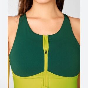 Fabletics Green and Yellow Zip-Front Sports Bra